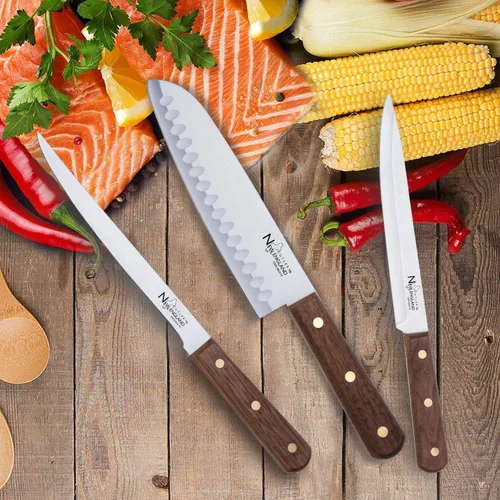 Vista 3 de Cuchillo de chef Pro Santoku de acero inoxidable de alto carbono de 7 pulgadas con borde afilado de afeitar con mango de madera de nogal