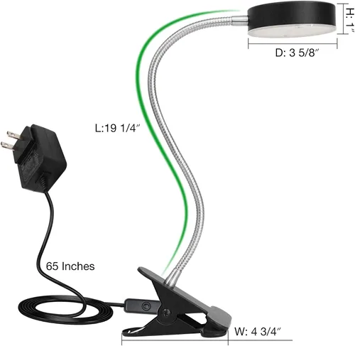 Vista 2 de Lámpara de escritorio LED con clip, con interruptor, cuello de cisne flexible de 19.25 pulgadas 4.5W 260LM, 4000K blanco frío, cable de 65