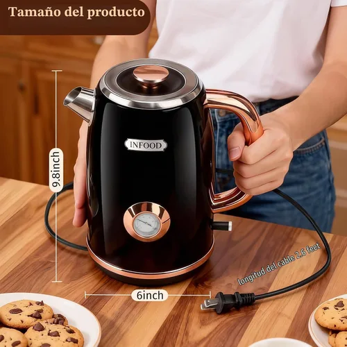 Vista 8 de INFOOD Hervidor eléctrico retro de 1.7 l/57 onzas con termómetro – Hervidor de té de agua caliente de acero inoxidable de 1500 W de ebullición