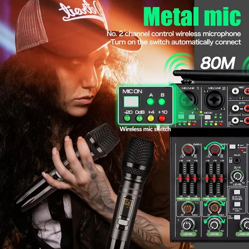 Vista 4 de Mezclador de audio profesional, consola de mezcla de 4 canales con micrófono inalámbrico dual, consola de placa de sonido MP3, Bluetooth, interfaz