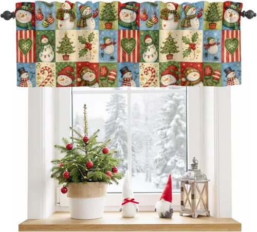 Vista 18 de Christmas Valances for Windows Kitchen Curtains Christmas Balls Bell Window Valance, Gold Star Snowflake Pine Needle Short Topper Window Curtain