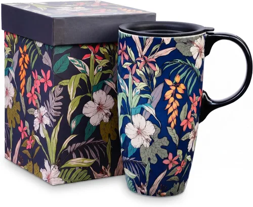 Vista 15 de DUSVALLY Juego de 2 tazas de viaje de cerámica con tapas, juego de tazas florales grandes de 17 onzas con asas, aptas para microondas