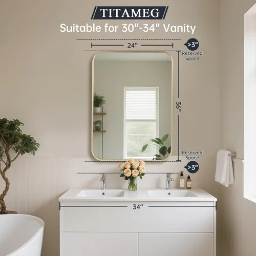 Vista 7 de Espejo de baño dorado mate oscuro de 24 x 36 pulgadas para pared, espejo rectangular enmarcado con esquina redondeada, espejo cepillado