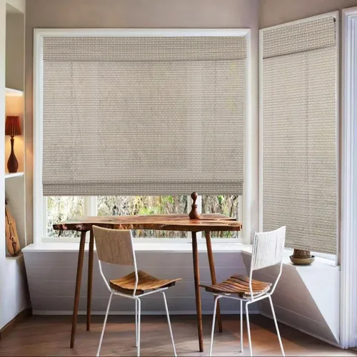 Vista 2 de Persianas romanas de bambú, persianas de madera tejidas a medida, sin cordón, color gris beige, persianas de bambú natural para puertas y ventanas