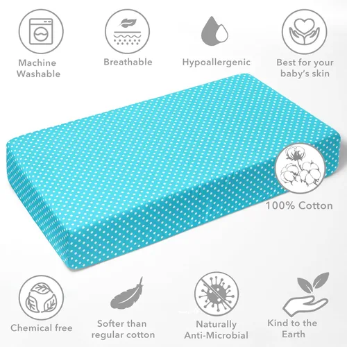Vista 5 de Bacati - Sábana bajera ajustable de 100 % algodón universal para bebé de EE. UU. para cuna o niño pequeño (PIN DOTS, turquesa aguamarina)