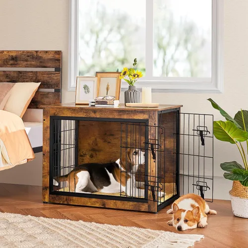 Vista 8 de Yaheetech 32" Mesa auxiliar de jaula para perros con cojín, jaula de madera para perros con puertas dobles/pies ajustables, mesa auxiliar lateral