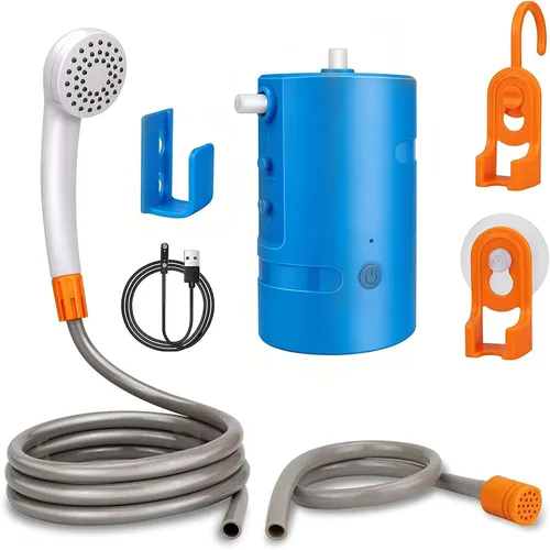 Vista 11 de Ducha portátil para campamento, 4400 mAh, recargable por USB, IPX7, impermeable, bomba de ducha con batería + cubo plegable para campamento Negro