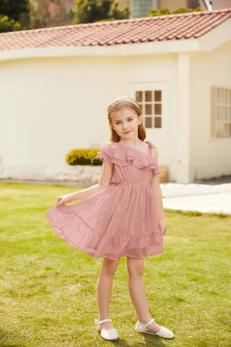 Vista 5 de GRACE KARIN Vestido de verano para niñas, vestido de verano con un hombro y manga con volantes, vestido casual