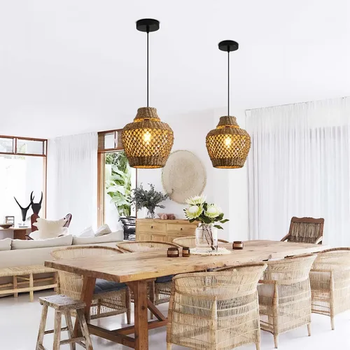 Vista 9 de lámparas colgantes de ratán, luz colgante de ratán boho de 11.02", juego de 2 lámparas colgantes tejidas a mano de seagrass para lugares de trabajo