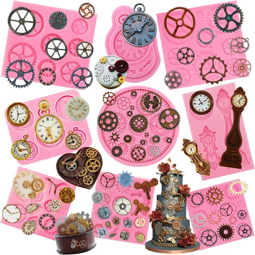 Vista 9 de Funshowcase Reloj de estilo steampunk para reloj, engranajes, engranajes, molde de silicona para Sugarcraft, decoración de pasteles, decoración