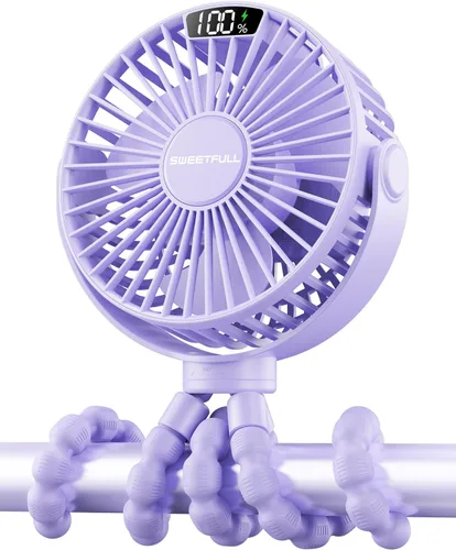 Vista 6 de SWEETFULL Ventilador portátil de cochecito de 4000 mAh con pantalla LED, mini ventilador recargable de 4 velocidades, trípode flexible giratorio