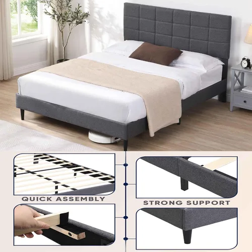 Vista 4 de Base de cama Queen con cabecera de tela, marco de cama tapizado, marco de cama resistente con soporte de listones de madera, base de colchón,