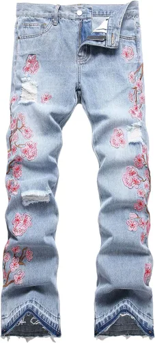 Vista 35 de Baylvn - Pantalones de mezclilla para hombre con diseño patchwork, ajustados y cómodos, estilo motociclista 3132 Camuflaje y azul