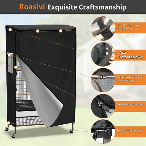 Vista 5 de Roasivi Funda universal grande para jaula de pájaros, cubierta negra y transpirable para loros y otros animales pequeños, material impermeable