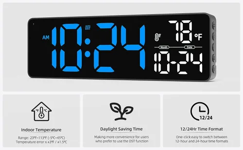 Vista 6 de Reloj de pared LED digital grande con fecha, temperatura, brillo automático, DST automático Gran reloj digital para dormitorio, escritorio, aula