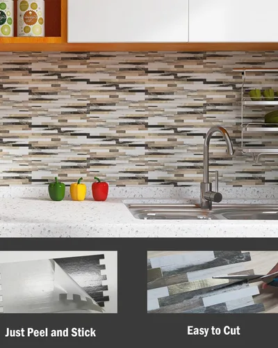 Vista 3 de KASARO 20 hojas de azulejos autoadhesivos para salpicaduras para cocina, mármol marrón blanco con rayas doradas antiguas, azulejos de mosaico