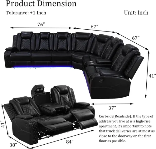Vista 2 de Juego de sofá seccional reclinable con alimentación, juego de sofá modular reclinable de cuero negro en forma de L, sofá de cuero en forma de L
