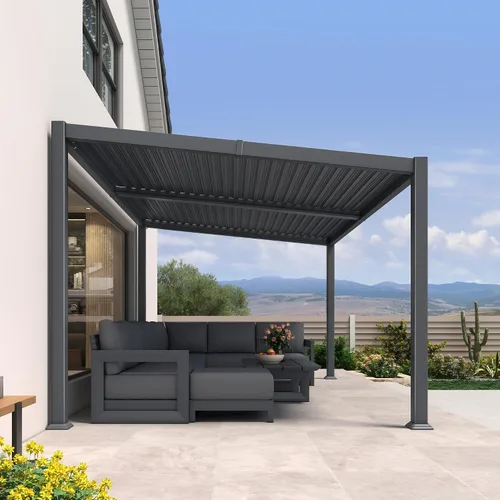 Vista 27 de PURPLE LEAF Pérgola con listones de techo rígido de 8 x 10, pérgola de aluminio para patio al aire libre con techo ajustable a prueba de lluvia