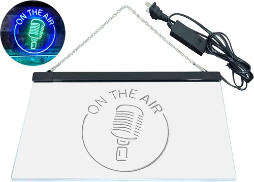 Vista 43 de ADVPRO - cartel de neón para estudio de grabación, LED, con micrófono y rótulo «On the air» azul y Red