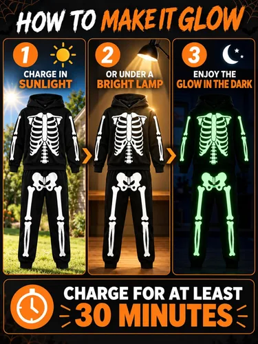 Vista 5 de uideazone Boys Halloween Skeleton Hoodie Pants Set Glow in the Dark 5-12Y