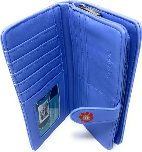Vista 3 de Shag Wear Cartera grande con diseño de hongos del bosque de gnomos para mujeres y adolescentes, piel sintética vegana, color azul, 7 pulgadas, Azul
