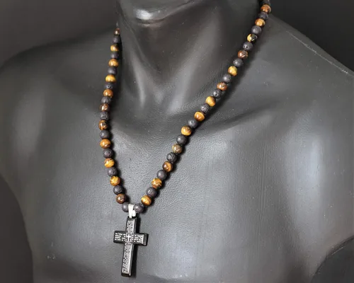 Vista 4 de Cross Necklace & Natural Tiger Eye Black Lava Gemstone Protection Beaded Long Macrame Adjustable Necklace Gift For Men's Christmas Gift