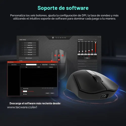 Vista 7 de TECWARE EX1 - Mouse ligero para juegos Mouse inalámbrico de 26 K DPI con pantalla OLED Diseño ultraligero de 2.08 oz Base de carga RGB Negro