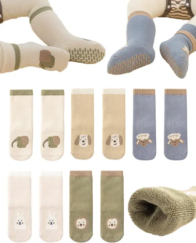 Vista 8 de Calcetines antideslizantes para bebés, calcetines cálidos y gruesos antideslizantes para niñas y niños, recién nacidos, 5 pares