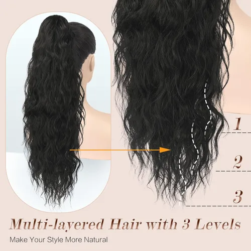 Vista 4 de FESHFEN Extensiones de cola de caballo – 26 pulgadas cordón largo rizado ondulado clip en colas de caballo pelo sintético extensiones de cola