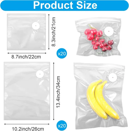 Vista 2 de 40 bolsas selladoras al vacío para alimentos con válvula de aire, bolsas reutilizables para Sous Vide (20 L+20 pequeñas)