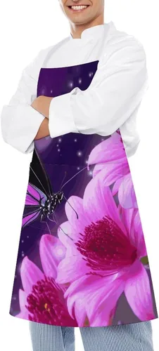 Vista 4 de MUSM Purple Butterfly And Flower Apron，Classic Vintage Funny with Pockets Aprons,Adjustable Bib Waterdrop Resistant for Kitchen Cooking Restaurant