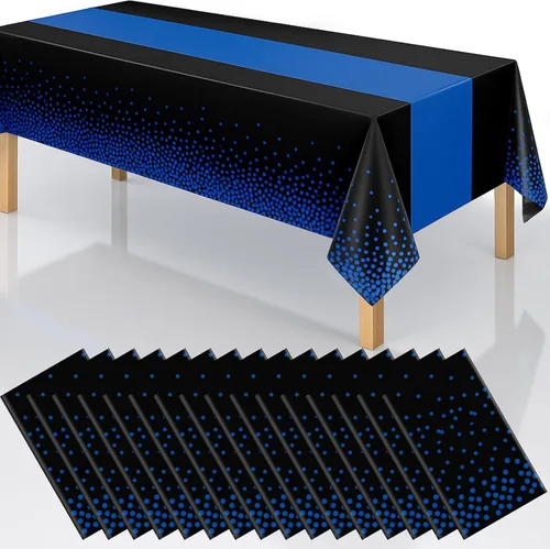 Vista 14 de Manteles de plástico desechables 2 en 1 de 54 x 108 pulgadas, mantel rectangular de cocina con lunares negros y azules, para boda, cumpleaños, baby