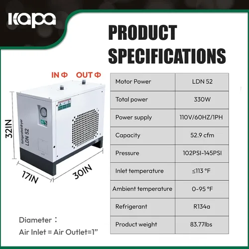 Vista 2 de kapa Industrial Refrigerated Air Dryer with R134a Cooling System for Air Compressors –53 CFM, 0.33KW, 110V/60Hz – Removes Moisture, Oil