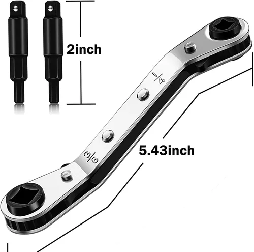 Vista 2 de Llaves de servicio HVAC: Llave de trinquete de válvula de aire acondicionado de 3/16” a 3/8” 5/16’’ x 1/4’’ con kit de adaptador de 2 bits
