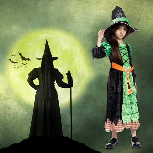 Vista 6 de Disfraz de bruja de Halloween para niñas, vestido de bruja verde lindo disfraz de lujo juego de rol