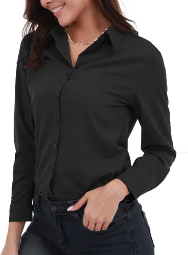 Vista 2 de Gemolly Camisas básicas con botones para mujer, manga larga, talla grande, simple, elástica, formal, casual, blusa