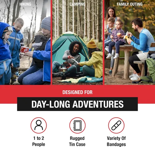 Vista 2 de Adventure Medical Kits Primeros auxilios, 0.5 estaño, rojo (paquete de 2) Stylish Hinged-Lid Tin Includes Die-Cut Moleskin for Blisters Plus