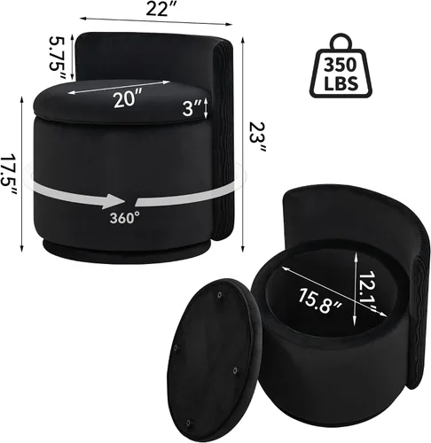 Vista 2 de WUTUTUEE Silla grande de terciopelo con almacenamiento, silla de maquillaje giratoria de 360° con respaldo ondulado, taburete pequeño sin montaje