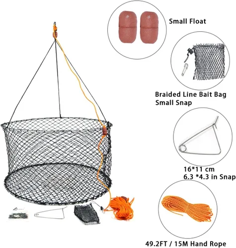 Vista 3 de Drasry Crab Ring Trap Two Ring Crab Kit with Harness and Bait Clip Fishing Crabbing Net for Board Kayak Dock and Pier Net