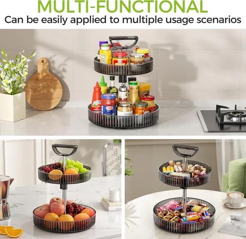 Vista 7 de Lazy Susan - Organizador giratorio de 360° de 2 niveles con asas de altura ajustable, organizador de especias para gabinetes, organizadores