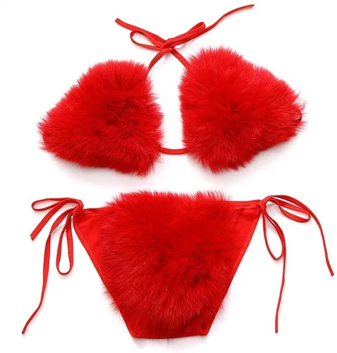 Vista 11 de ZOSCGJMY Conjunto de bikini de dos piezas de piel sintética para mujer Beige