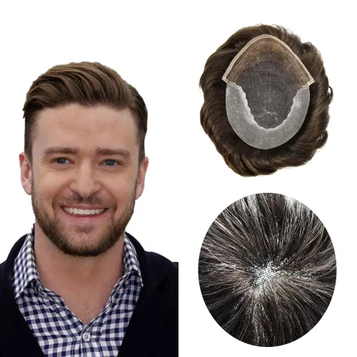 Vista 62 de Pieza de cabello para hombres suizo frente encaje frontal tupé europeo Remy sistema de reemplazo de cabello humano nudo blanqueado línea capilar