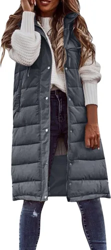 Vista 17 de Chaleco largo para mujer, sin mangas, acolchado, con cremallera, capucha, abrigo de invierno cálido, ligero, con bolsillos