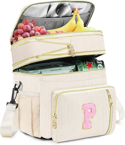 Vista 8 de Lonchera personalizada con inicial para mujer, bolsa de almuerzo grande con aislamiento térmico expandible de doble cubierta con correa