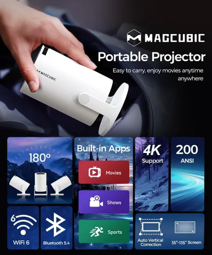 Vista 2 de Magcubic HY300PRO Mini proyector con WiFi y Bluetooth, soporte 4K inteligente proyector portátil Keystone automático, control remoto de mouse