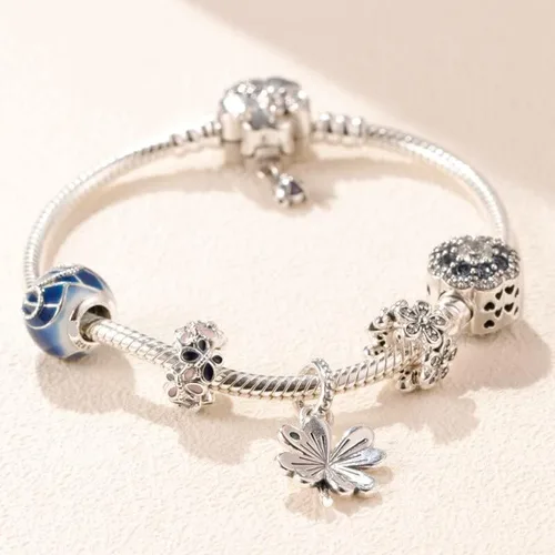 Vista 2 de Abalorio original de plata de ley 925 con diseño de trébol de cuatro hojas de la suerte para mujer pulsera de 63in