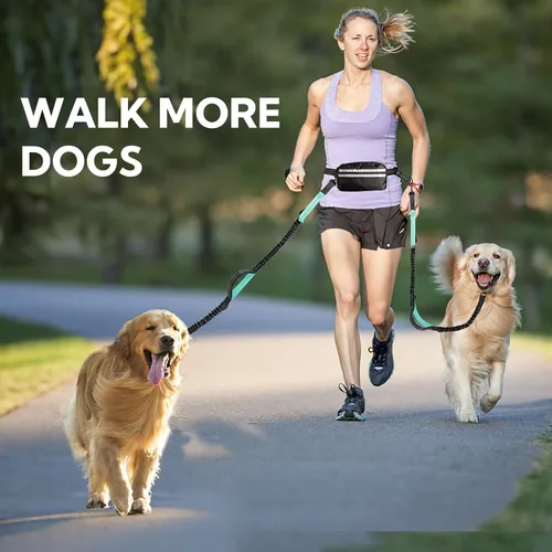 Vista 8 de Correa de perro manos libres para dos perros que caminan, correr, con cinturón de cintura, bolsa con cremallera y elástico amortiguador