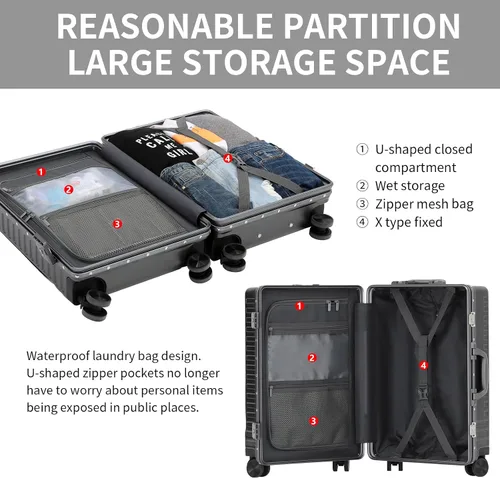 Vista 5 de CAARANY Equipaje de mano aprobado por aerolíneas con compartimento para laptop, equipaje multifuncional de marco de aluminio de 20 pulgadas