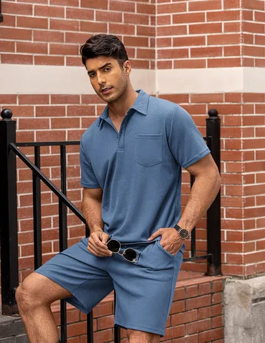 Vista 4 de COOFANDY - Conjunto de polo y pantalones cortos de punto acanalado para hombre, 2 piezas, atuendo de verano, traje casual deportivo con bolsillos