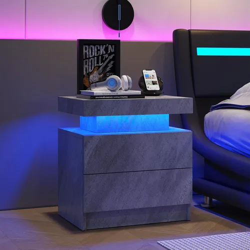 Vista 14 de Juego de 2 mesitas de noche LED negras, juego de 2 mesitas de noche modernas con 2 cajones, mesa auxiliar con luces LED para dormitorio, sala